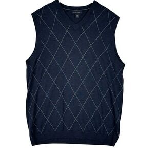 Banana Republic Silk Cashmere Sweater Vest Mens Navy Argyle V Neck Classic‎